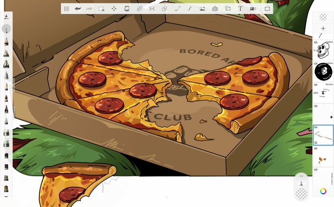 The image shows a box of pizza with several slices missing, indicating that someone has already tasted the pizza. The remaining slices are still inside the box, which is placed on a table or countertop. The post about the pizza appears to be related to an online art class where participants can create their own pizza designs using various tools and techniques.