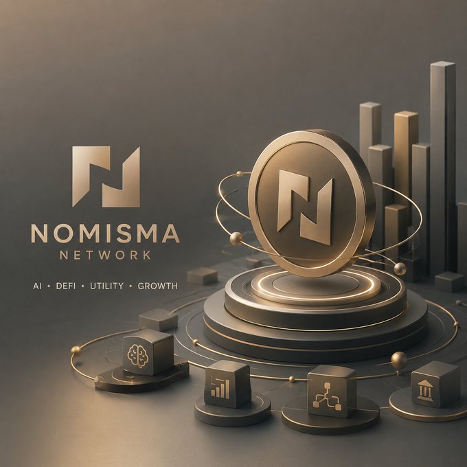 A promotional 3D render for "NOMISMA NETWORK" featuring a large golden coin with the "N" logo as its centerpiece, surrounded by bar charts, circuit-like orbital rings, and icons representing AI, DeFi, and institutional pillars, with the tagline "AI • DEFI • UTILITY • GROWTH" displayed on the left.

The visual reinforces the post's message of steady, compounding progress by showcasing the Nomisma ecosystem as a structured, rewards-driven platform, with the prominent gold coin symbolizing the Diamond allocation the user is steadily working toward through daily ImpactShare growth and quest completion.
