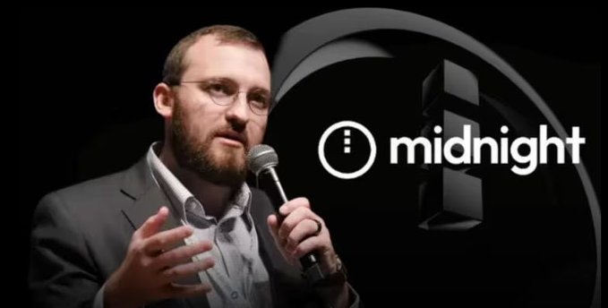 The image shows Charles Hoskinson speaking into a microphone, with the "Midnight" logo displayed beside him. The graphic visually accompanies the post by highlighting Hoskinson as he teases a major new concept he's developing for the Midnight blockchain project, which he describes as the "magnum opus" of his career.