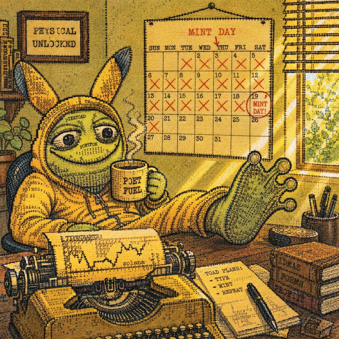 A stylized illustration of a character in a yellow hoodie and fox-like mask sitting at a desk with a typewriter, holding a mug labeled 'PORT FUEL', with a calendar marking 'MINT DAY' on the wall behind them.