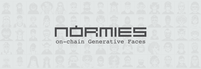 A banner for 'NORMIES on-chain Generative Faces' featuring a grid background of pixel-art style character portraits.