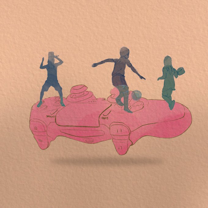 Three silhouetted figures pose on top of a pink video game controller, with the word "wow!" faintly visible on the left side, evoking a playful "gm" greeting through the imagery of gamers gathered together.