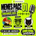 Promotional flyer for 'MEMES PACK 01 THE FUTURE OF CRYPTOZONE AND ROBINHOOD' featuring cartoon avatars, a microphone, and event details including a November date in Singapore.