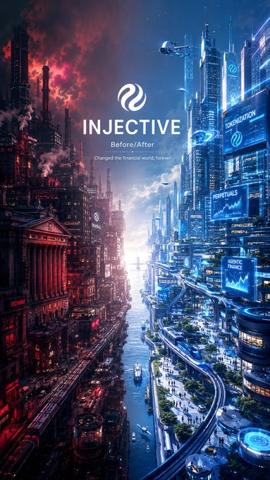 A promotional image for Injective cryptocurrency with the tagline 'Before/After - Changed the financial world, forever,' depicting a split futuristic cityscape.