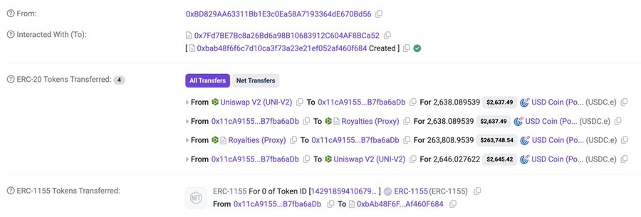 The image shows an old smart contract with a price of $2,600. A hacker has exploited this contract by manipulating its value to $263,000, resulting in a significant financial gain for them. The contract was created using Polygon technology, which is now considered outdated and no longer in use. This highlights the importance of staying up-to-date with emerging technologies and security measures when dealing with smart contracts and digital assets.