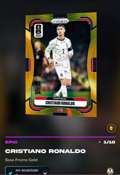 A digital collectible card features Cristiano Ronaldo in a Portugal national team kit, labeled "EPIC" with "Base Prizms Gold" and a limited "1/10" serial number, representing the "best hit" mentioned in the post.