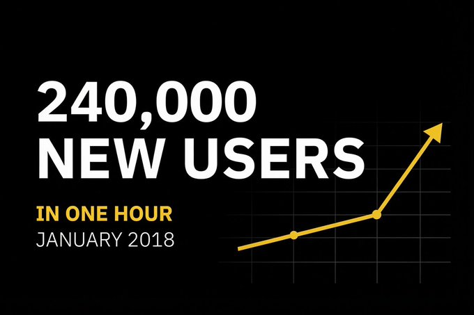 A black graphic with white and yellow text reading "240,000 NEW USERS IN ONE HOUR JANUARY 2018" accompanied by a yellow line graph with an upward-trending arrow.
