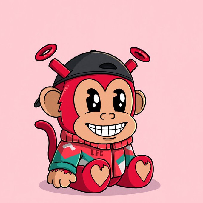A cute cartoon illustration of a red monkey character wearing a backwards black cap, a colorful jacket with 'LFG' on it, and shoes with heart designs, set against a pink background.