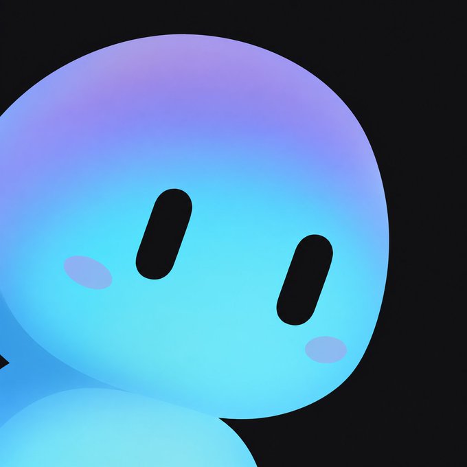 A blue cartoon blob-like character with closed eyes and a slight smile looks content against a dark background.