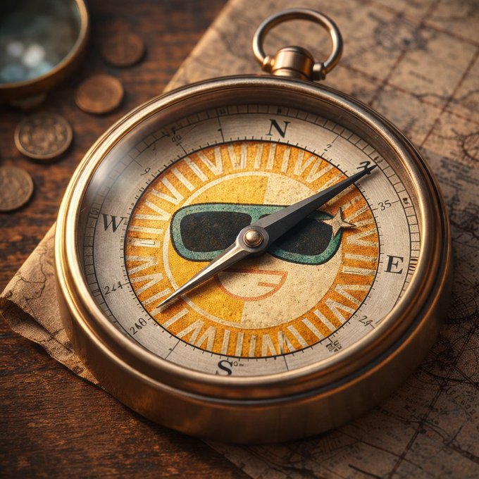 A vintage brass compass with a decorated face featuring sunglasses and a smiley design sits atop an old weathered map alongside some coins.