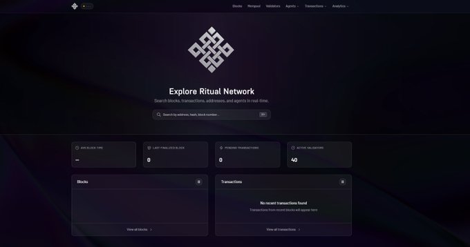 A dark-themed dashboard titled 'Explore Ritual Network' showing stats including 0 block size type, 0 pending transactions, and 46 active validators.