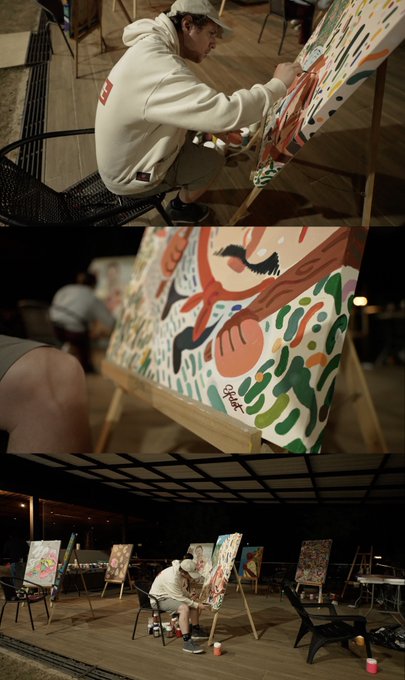A young artist in a beige hoodie and white cap sits on a black metal chair, painting a colorful abstract portrait on a canvas displayed on a wooden easel, with the signature "Spoke" visible on the artwork. The collage of three images captures the creative process from different angles, embodying the spirit of "always growing through the process."