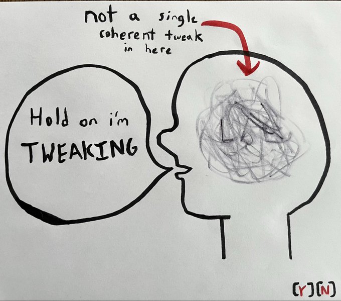A hand-drawn cartoon showing a stick figure saying 'Hold on i'm TWEAKING', with an arrow pointing to a scribbled mess in its head labeled 'not a single coherent tweak in here'.