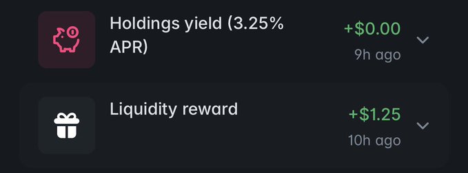 The image shows a screenshot of a trading app screen showing two options for liquidity reward. Both options are presented with different visuals, one being pink and the other being green. The blue part of the screen displays some text related to liquidity rewards. This information is relevant in understanding how the rewards work within the trading app context.
