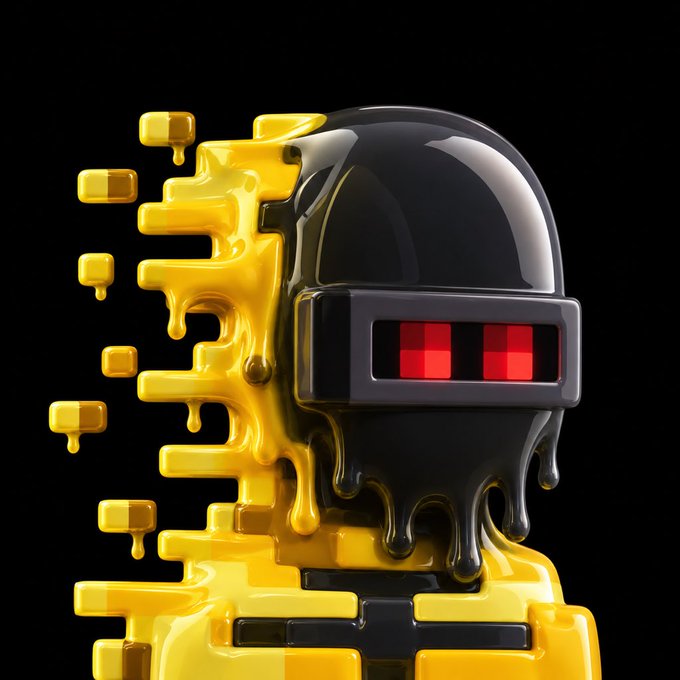 A 3D digital render of a black robotic helmet with glowing red pixelated eyes, partially covered in dripping yellow liquid resembling pixelated paint.