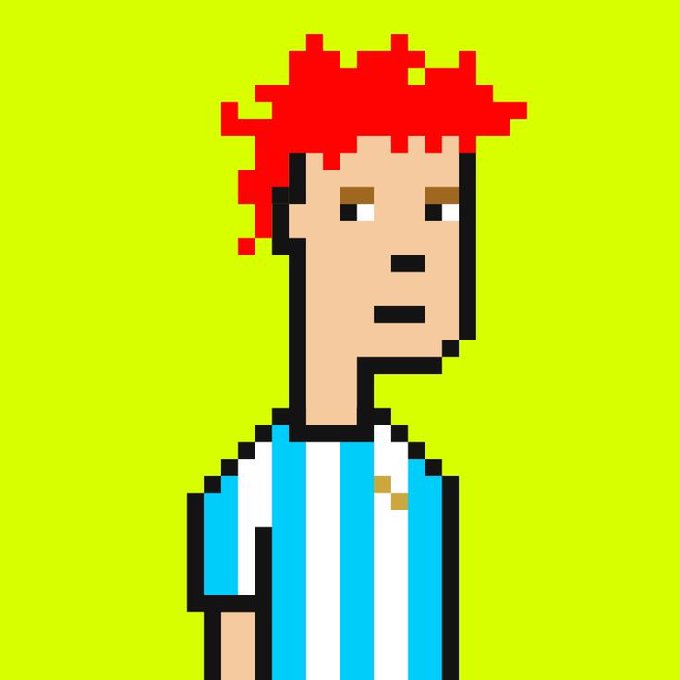 A pixel art illustration of a person with red spiky hair wearing a blue and white jacket against a bright yellow-green background.
