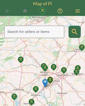 A screenshot of the Map of Pi app showing green Pi cryptocurrency markers scattered across a map of the Virginia/North Carolina region with a search bar for sellers or items.
