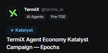 The image shows a Twitter/X profile header for TermiX (@termix_ai) displaying the account name, handle, two tags labeled "AI Agents" and "Pre-TGE," a "Katalyst" label, and the campaign title "TermiX Agent Economy Katalyst Campaign — Epochs." This visual ties directly to the accompanying post, which highlights TermiX as a standout project amid the crowded AI x crypto space, emphasizing product execution over hype.