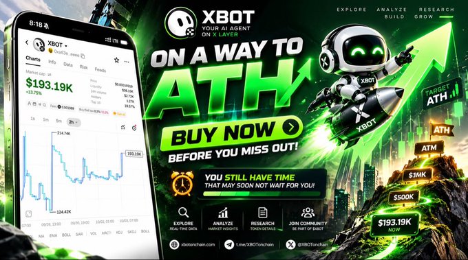 A promotional graphic for the cryptocurrency 'XBOT' features a phone screen showing a price chart of $193.19K, a cartoon robot riding a rocket, and text encouraging viewers to 'BUY NOW BEFORE YOU MISS OUT!'.