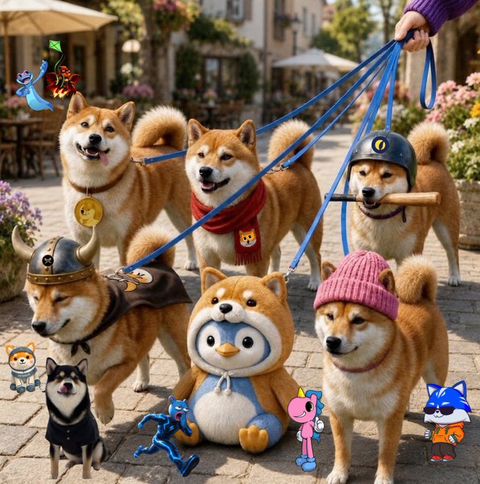 The image features six dogs wearing costumes, including a penguin-like character with a blue scarf around its neck. The dogs are standing on a sidewalk next to each other, posing for a photo. In the background, there are potted plants and chairs, adding to the urban setting of the scene. The post about cryptocurrency is displayed in the image, suggesting that it might be related to a social media platform or an online community discussing the latest trends in cryptocurrency.