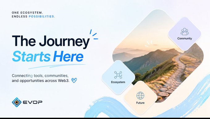 A promotional graphic for "EVOP" featuring the text "The Journey Starts Here" and "ONE ECOSYSTEM, ENDLESS POSSIBILITIES," connecting tools and communities across Web3, with icons for Community, Ecosystem, and Future overlaid on a mountain path image.