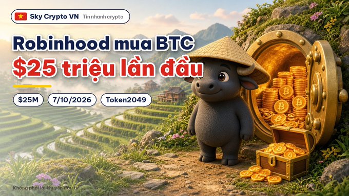 A news graphic from 'Sky Crypto VN' in Vietnamese, stating 'Robinhood mua BTC $25 triệu lần đầu' (Robinhood buys $25M BTC), featuring a 3D cartoon water buffalo next to a treasure chest of Bitcoin.
