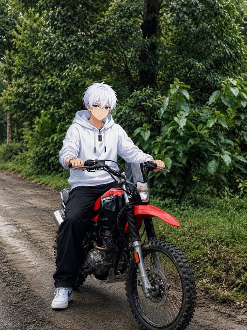 An anime-style character with white hair and a white hoodie sits on a red dirt bike in a lush green forest setting.