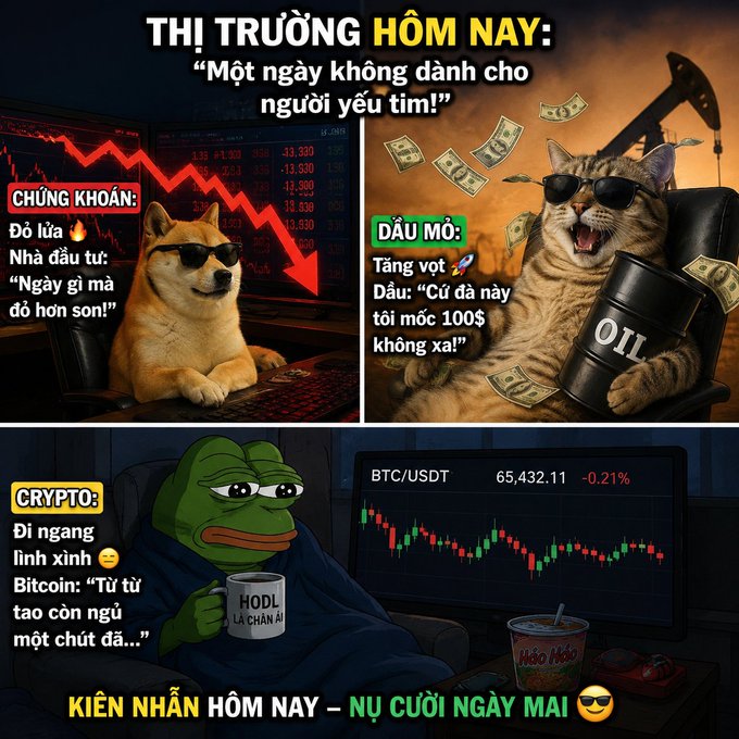 A Vietnamese market meme showing three sections: stocks (CHỨNG KHOÁN) with a Doge wearing sunglasses watching a crashing chart ("Đỏ lửa 🔥"), oil (DẦU MỠ) with a cheering cat surrounded by money holding an "OIL" barrel, and crypto (CRYPTO) with a sleepy Pepe holding "HODL LÀ CHÂN ÁI" as BTC/USDT sits flat at 65,432.11 (-0.21%), captioned "THỊ TRƯỜNG HÔM NAY: Một ngày không dành cho người yếu tim!" — humorously illustrating the post's claim that oil is rising while stocks and crypto struggle.