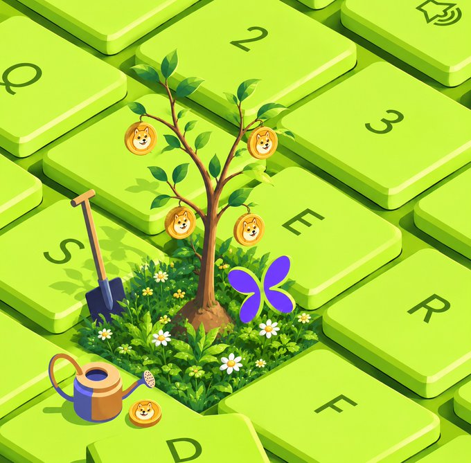 A 3D-rendered illustration of a small tree growing from a green keyboard, featuring Shiba Inu dog coins hanging from branches, a purple butterfly, flowers, a shovel, and a watering can.