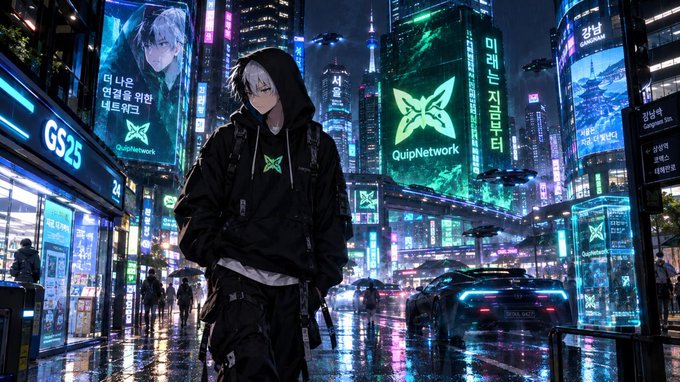 A hooded anime figure stands in a neon-lit cyberpunk cityscape, surrounded by glowing billboards prominently featuring the "QuipNetwork" logo and a butterfly emblem. The futuristic urban setting with its wet, reflective streets and digital advertisements visually reinforces the post's discussion of QuipSwap's cross-chain timeout mechanism and atomic swap technology.