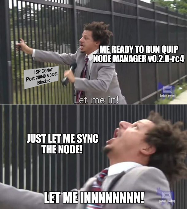 The image shows two posts about Quip Node Manager, with one post being a meme featuring a man in a suit holding a phone and another post discussing the new Quip Network v0.2.0-rc4. The meme post is titled "Let me sync the node! The node!" while the other post is titled "Me ready to run Quip Node Manager v0.2.0-rc4". Both posts are about Quip and its new feature, Quip Network v0.2.0-rc4.