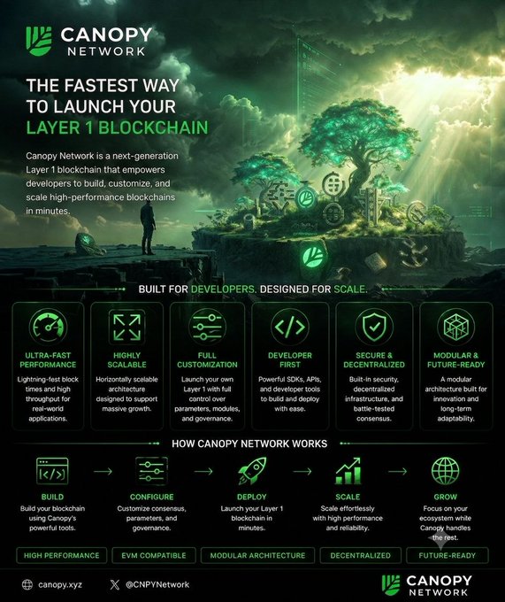 A promotional graphic for Canopy Network (@CNPYNetwork) advertises it as "the fastest way to launch your Layer 1 blockchain," featuring a dark, futuristic landscape with a glowing tree and highlighting key features like ultra-fast performance, scalability, full customization, EVM compatibility, and modular architecture. The post emphasizes Web3's infrastructure ownership problem, which the image addresses by showcasing Canopy's decentralized, developer-first tools for building independent Layer 1 blockchains.