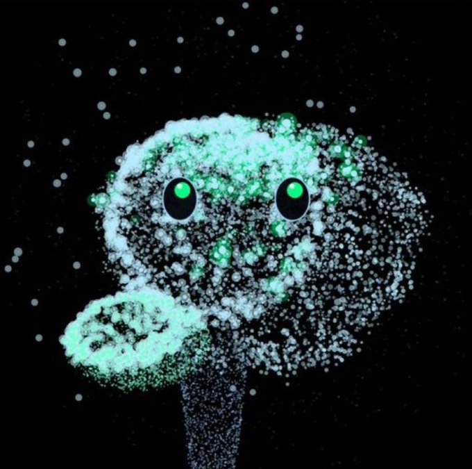 A glowing green and white cloud-like character with large green eyes, resembling a brain made of luminous particles against a starry black background, visually represents the concept of "FOMOBRAIN" — the meme token designed to track market activity and social signals, with the radiant, brain-like figure symbolizing the project's aim to capture and illuminate emerging trends and shifting attention in crypto markets.