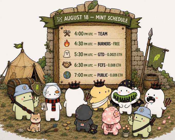A charming illustrated schedule titled 'AUGUST 18 - MINT SCHEDULE' displayed on a wooden board, listing events from 4:00 PM to 7:00 PM UTC including Team, Burners, GTD, FCFS, and Public mints, surrounded by cute cartoon characters with crowns.