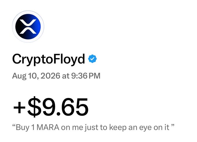 A verified notification from CryptoFloyd shows a gift of +$9.65 with the message "Buy 1 MARA on me just to keep an eye on it," dated Aug 10, 2026, corresponding to the recipient's post about now owning 1 share of $MARA thanks to CryptoFloyd.