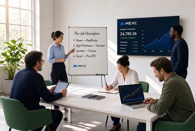 A business meeting shows a woman presenting at a whiteboard titled 'The Job Description' with 'MEXC' branding, while colleagues work on laptops and review market data displayed on a wall screen showing 'MARKET OVERVIEW 24,785.36'.