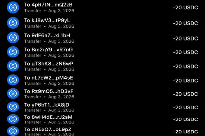The image shows a list of USDC transfers of -20 USDC each, sent on Aug 3, 2026, to various truncated wallet addresses, appearing to document the giveaway transaction history referenced in the post.
