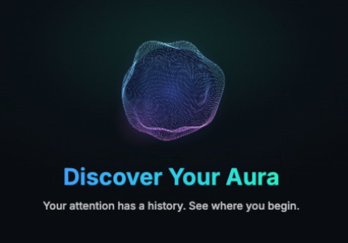The image features a glowing, particle-based 3D skeletal or geological form in blue and purple hues, accompanied by the text "Discover Your Aura" and the tagline "Your attention has a history. See where you begin." This appears to be a promotional graphic for Kaito's "Aura" feature, which, as the post describes, accompanies the launch of Kaito Pulse—an InfoFi tool that integrates real-time trading data from Hyperliquid and Polymarket into X timelines, allowing users to verify influencers' insights and track the history of their attention.