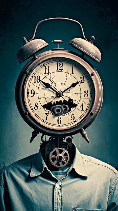 A surreal digital art image depicting a person in a button-up shirt with a large vintage alarm clock as their head, featuring visible gears and a cracked clock face.