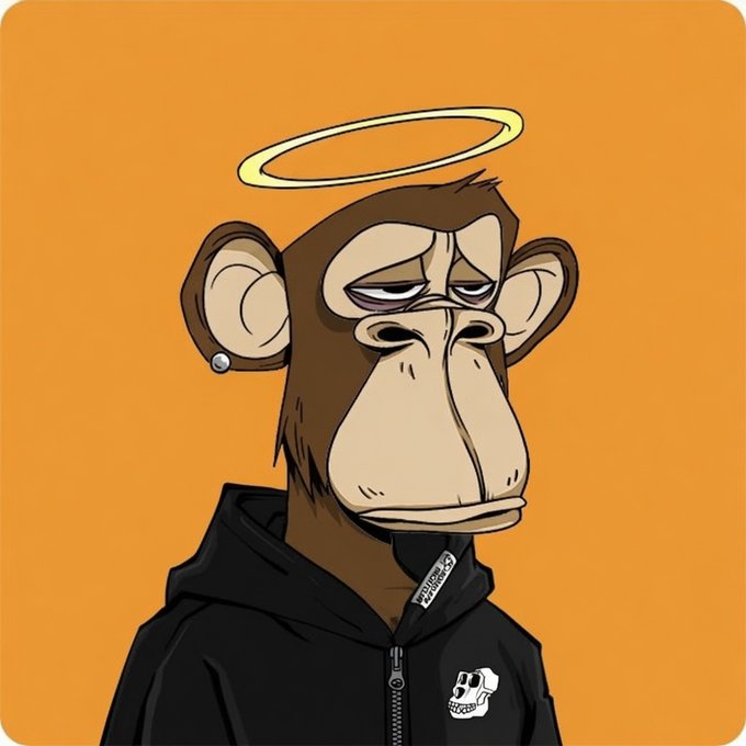 A cartoon illustration of a bored-looking monkey with a gold halo above its head, wearing a black hoodie with a small skull logo and an earring, set against an orange background.