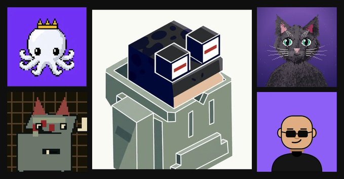 A collage featuring a pixelated octopus with a crown, an isometric gray trash can character, a pixelated cat, a gray cat illustration, and a bald figure with sunglasses on purple backgrounds.