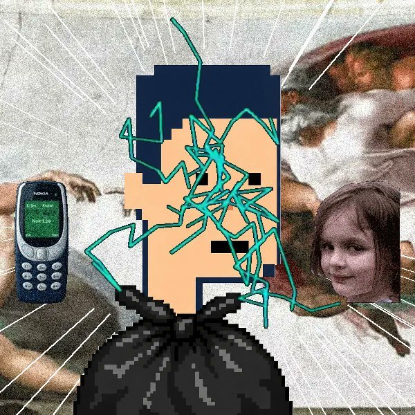 A surreal collage featuring a Nokia phone displaying a snake game, a pixelated face with green lightning-like scribbles over it, and a classical painting of a woman.