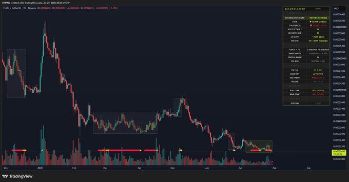 The chart shows $FLOKI  price action and an "ACCUMULATION" panel on the right, which indicates an "ACTIVE (24 bars)" state with a score of 100.