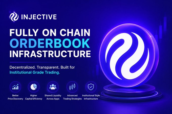 The image features an advertisement for a cryptocurrency exchange called @injective, which offers a fully decentralized chain orderbook infrastructure. The central focus of the image is a blue circle with white swirls inside, symbolizing the core technology behind Injective's innovative approach. Below this central design, there are descriptions and icons representing different aspects of the platform, such as "decentralized", "automated market makers (AMMs)", and "focus on what is in the image". The post also mentions that the exchange offers a fully on chain orderbook infrastructure, which sets it apart from other exchanges.