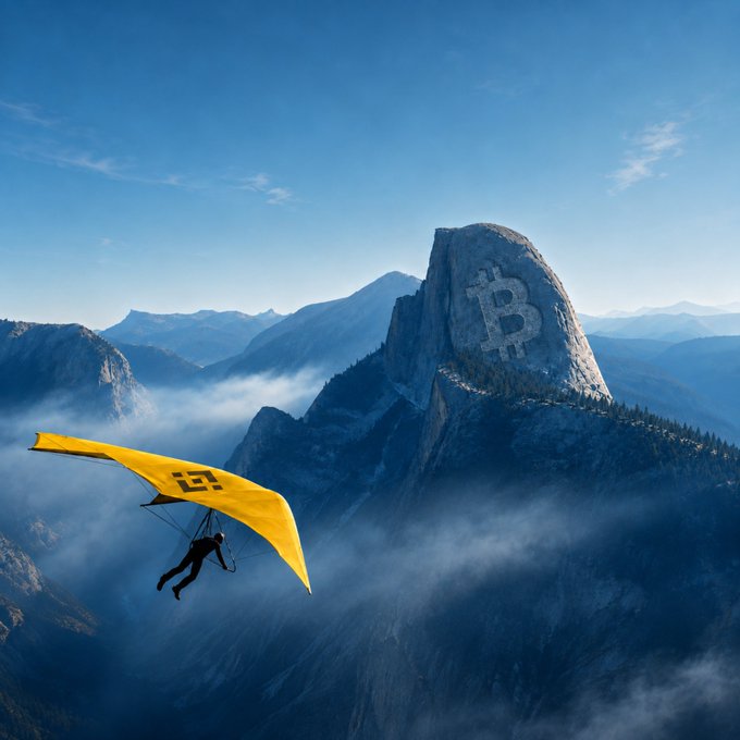 A hang glider soars through misty mountain valleys, the Bitcoin "₿" logo emblazoned on its yellow wing, mirroring the giant ₿ symbol carved into a prominent granite peak in the distance—visually echoing the post's message of holding direction through cycles ("GM 保持方向，穿越周期").