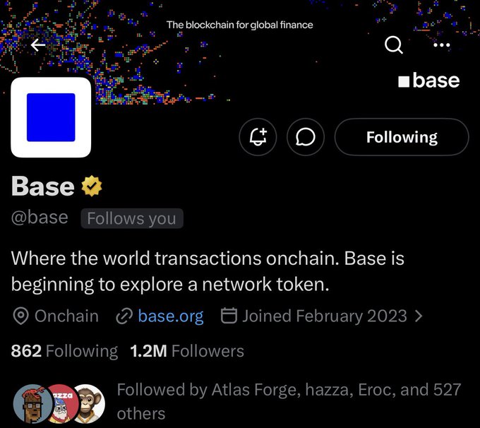 The image shows a social media post with a black background, featuring a blue square logo for Base. The text below the logo states "Where the world transactions onchain. Base is beginning to explore a network token." This implies that Base is exploring the concept of using blockchain technology in financial transactions and is actively working towards implementing it into their platform.
