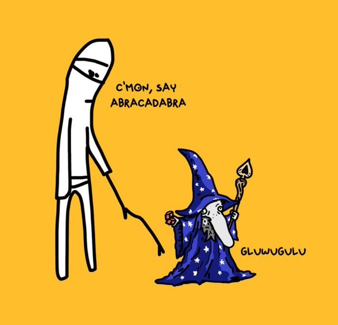 A tall white stick-like figure prompts "C'MON, SAY ABRACADABRA" to a small wizard in a starry blue robe, who responds with the nonsense phrase "GLUVUVUGULU"—a humorous twist on the "gm" greeting, suggesting even magical beings start their day with playful gibberish instead of a proper incantation.