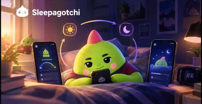 A promotional image for 'Sleepagotchi' featuring a green dinosaur-like character using a smartphone in bed, flanked by two phones displaying sleep tracking apps with sun and moon icons.
