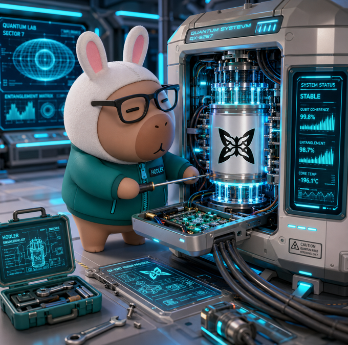 A 3D-rendered cartoon character wearing a bunny-eared hood and glasses, working on a futuristic quantum computing machine displaying 'STABLE' status with entanglement metrics and an Ethereum-style logo.