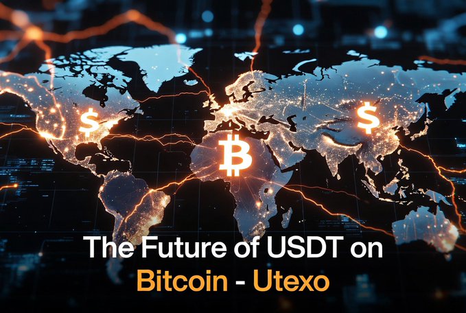 A promotional graphic featuring a glowing world map overlaid with Bitcoin and dollar symbols, with the text 'The Future of USDT on Bitcoin - Utexo'.